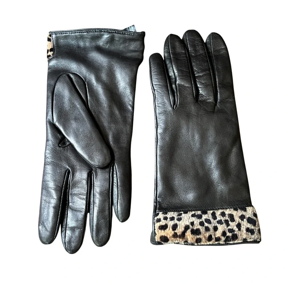 PORTOLANO BLACK LEATHER GLOVES Leopard Print Trim ANGORA/LAMBSWOOL LINER sz 7.5